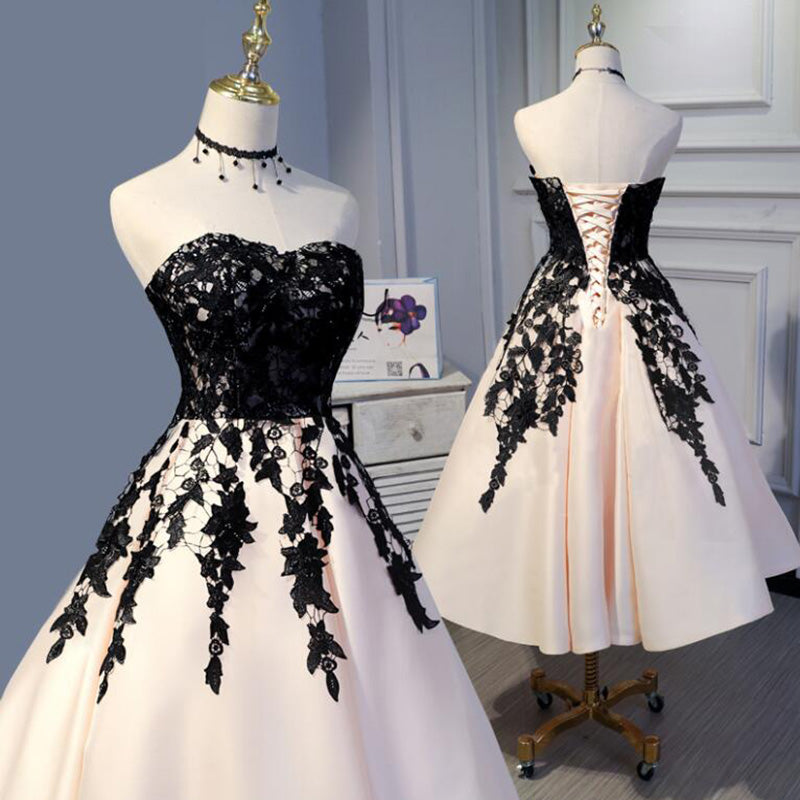 LP3373 Tea Length Champagne and Black Lace Wedding Party Gown Formal Prom Dress Short 2022