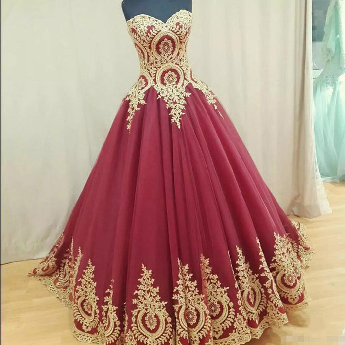WD5512 Ball Gown Burgundy Wedding Dress Gold Appliqued Lace Bridal Gow