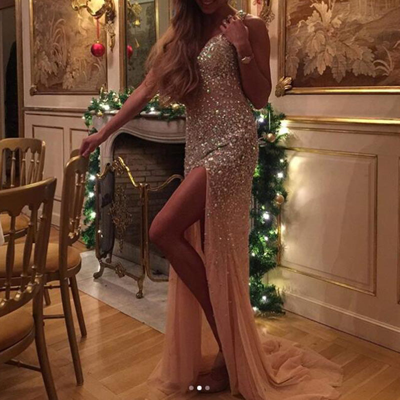 Bling Bling Diamond Crystal Prom Dresses Fitted Slit Mermaid Evening Formal Gown Long Vestido