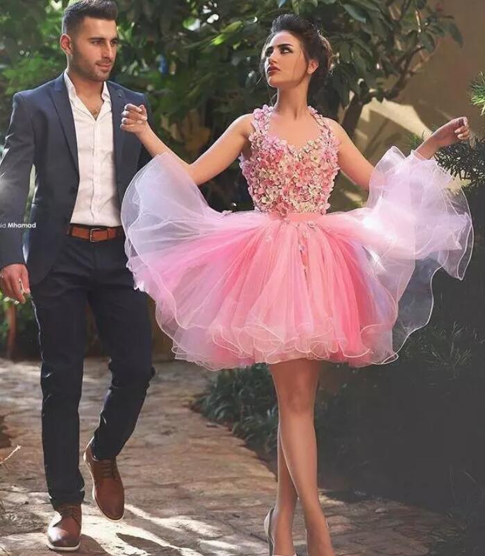 Short Pink Prom Dress Halter hand made flowers homecoming dresses 2018 cocktail gown SP5530