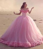 Romantic Poofy Pink Floral Wedding Dresses Off the Shoulder Ball Gown Quinceanera Dress WD5569