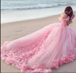 Romantic Poofy Pink Floral Wedding Dresses Off the Shoulder Ball Gown Quinceanera Dress WD5569