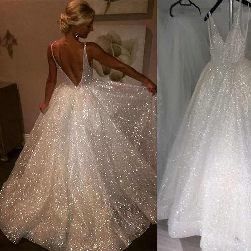 WD2101 Sparkle Sequins Bling Bling A Line Bridal Wedding Dresses V Neck Straps vestido de noiva gelinlik