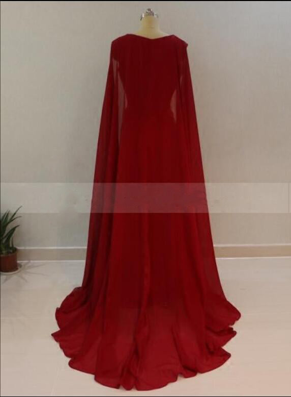 Women Burgundy/Red Long Evening Dress with Cape Arabic Formal Gown Mermaid Gown 2018 LP5570