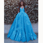 Dreamy Custom made Floral Lace A Line Wedding Dresses Princess Off the Shoulder Sky Blue Girls Formal prom Gown LP5580