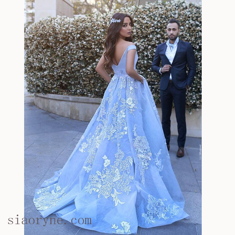 Dreamy Custom made Floral Lace A Line Wedding Dresses Princess Off the Shoulder Sky Blue Girls Formal prom Gown LP5580