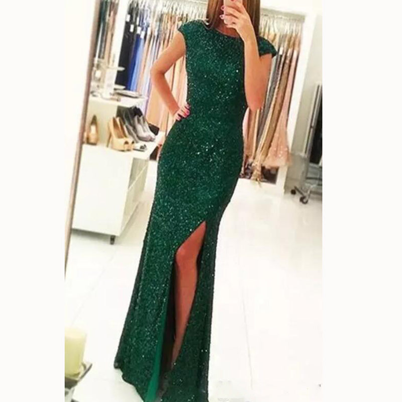 Trendy Cap Sleeves Sexy Slit Glitter Sequins Prom Dress Green Formal Party Gown galajurken 2018