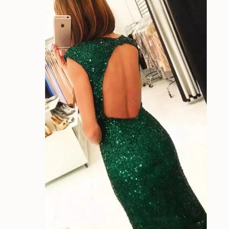 Trendy Cap Sleeves Sexy Slit Glitter Sequins Prom Dress Green Formal Party Gown galajurken 2018