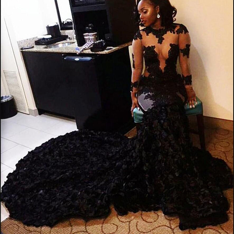 Stunning Black African Prom Dresses Mermaid Illusion Flowers Long Sleeves Evening Dress Long Sweep Train arabic dresses dubai Party Gowns