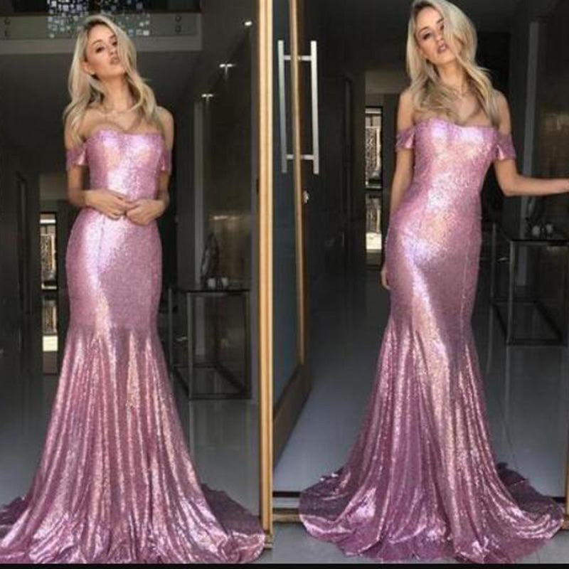 Hot Off the Shoulder Sequin Prom Dress Pink Mermaid Evening Dress Gown for Party 2020 LP6630