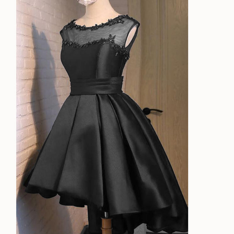 Navy Scoop Neck High Low Prom Dress Short  A Line Satin Party Gown Girls Graduation Dress 2018