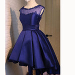 Navy Scoop Neck High Low Prom Dress Short  A Line Satin Party Gown Girls Graduation Dress 2018
