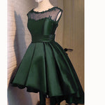 Navy Scoop Neck High Low Prom Dress Short  A Line Satin Party Gown Girls Graduation Dress 2018