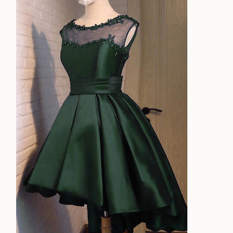 Navy Scoop Neck High Low Prom Dress Short  A Line Satin Party Gown Girls Graduation Dress 2018