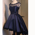 Navy Scoop Neck High Low Prom Dress Short  A Line Satin Party Gown Girls Graduation Dress 2018