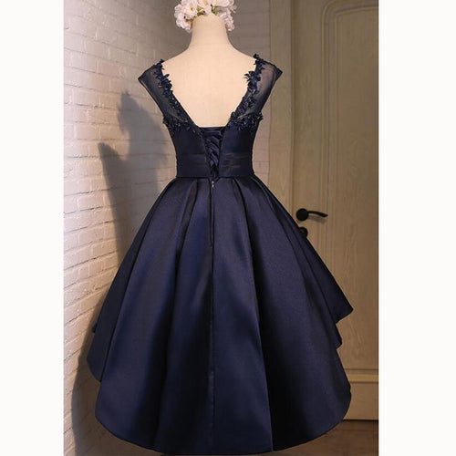 Navy Scoop Neck High Low Prom Dress Short  A Line Satin Party Gown Girls Graduation Dress 2018