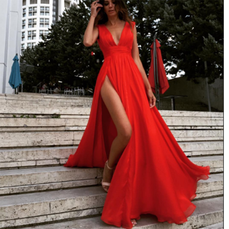 Gorgeous Red Dresses Prom Long Gown Sexy Split Deep V neck Evening Party Gown 2020