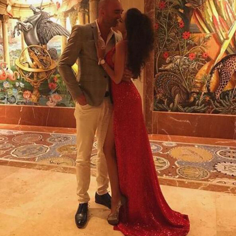 Bling Bling Sequin Prom Dress Red Evening Party Gown Slit Leg Spaghetti Straps vestido de festa