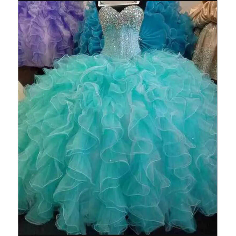 Amazing Ruffle Organza Crystal Ball Gown Turquoise Quinceanera Dress Girls Sweet 16 Party Gown Debutante Gown