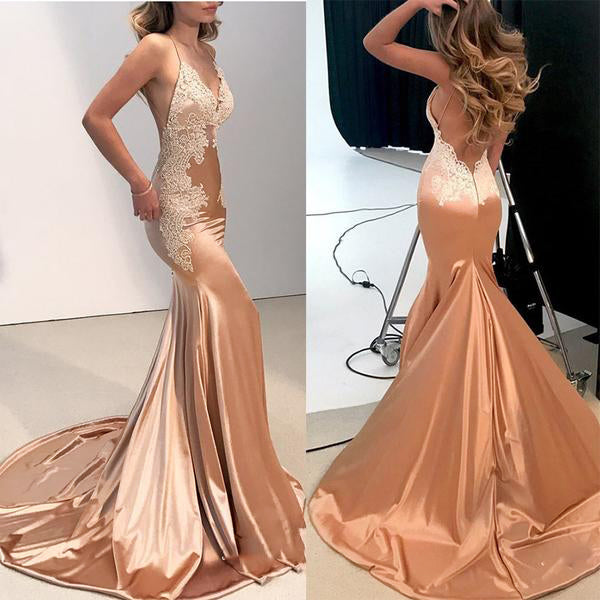 Rose Gold Satin Lace Evening Dress Long Party Gown Mermaid Prom Dresses 2018