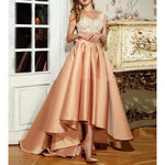 Scoop Neck High Low Prom Dress A Line Coral Satin Lace Appliqued Girls Party Dress