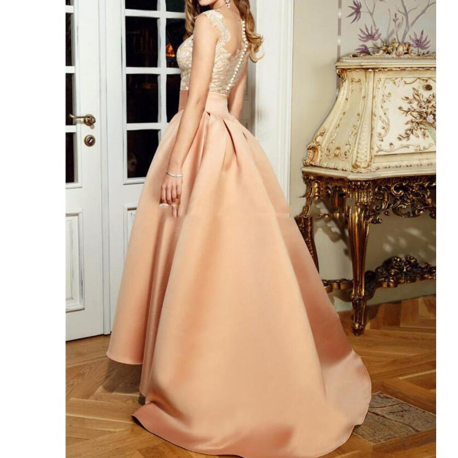 Scoop Neck High Low Prom Dress A Line Coral Satin Lace Appliqued Girls Siaoryne Scoop Neck High Low Prom Dress A Line Coral Satin Lace Appliqued Girls Siaoryne