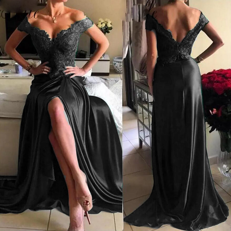 Off Shoulder Red Wine Lace Prom Dresses Long Sexy Slit Women Formal Gown  vestido de gala