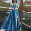 Royal Blue Vestido Longo Satin A Line Slit  Evening Party Dresses Long PL301