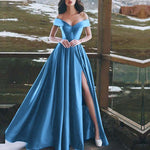 Royal Blue Vestido Longo Satin A Line Slit  Evening Party Dresses Long PL301