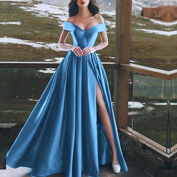 Royal Blue Vestido Longo Satin A Line Slit  Evening Party Dresses Long PL301