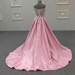 Pink Off Shoulder Satin Handmade Flowers Lace A Line Prom Dresses Wedding Request Gown