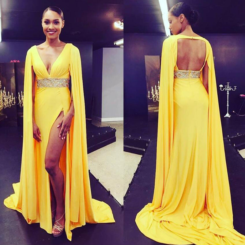 Yellow  Formal Prom Dresses Arabic Long Evening Dress 2018 Deep V neck High Leg Slit Sexy Evening Gowns New Arrival Beading abendkleider