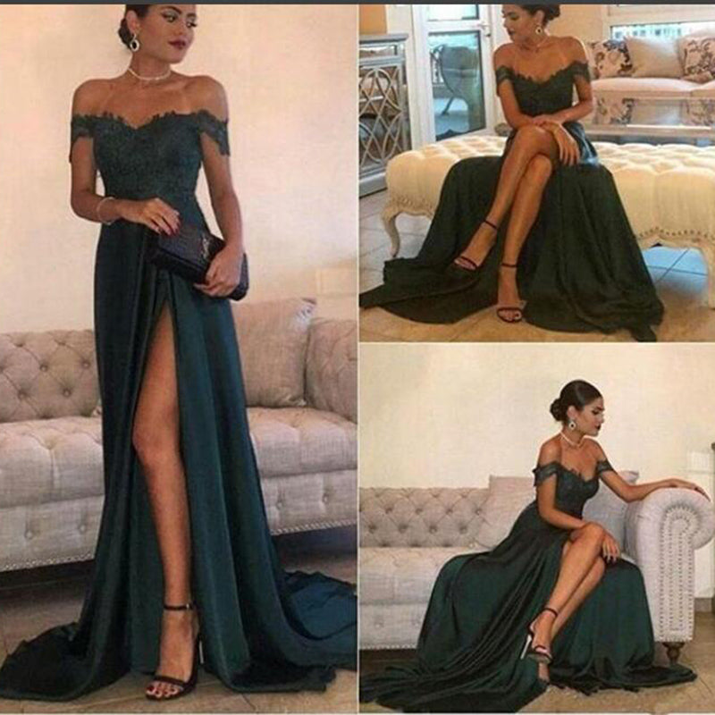 Dark Green lace Prom Dress with Slit Long Party Dresses women Gown Vestido De Festa LP0420