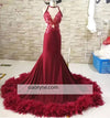 Royal Blue Halter Fitted Long Feather Prom Dress 2018 Luxury African Women Evening Gown LP2089