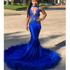 Royal Blue Halter Fitted Long Feather Prom Dress 2018 Luxury African Women Evening Gown LP2089