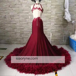 Royal Blue Halter Fitted Long Feather Prom Dress 2018 Luxury African Women Evening Gown LP2089