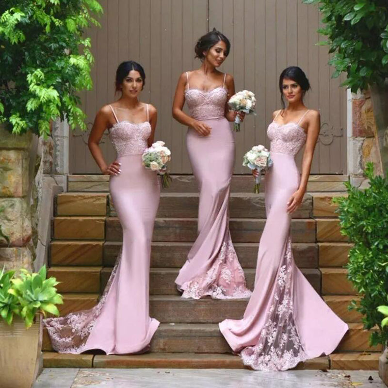 Chic Pink Lace  Bridesmaid Dresses Long Mermaid  Spaghetti Straps Backless Maid of the Honor Wedding Party Dresses Custom Made LP623