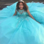 Cap Sleeves Turquoise Blue Quinceanera Dress Lace Ball Gown Cinderella Dress