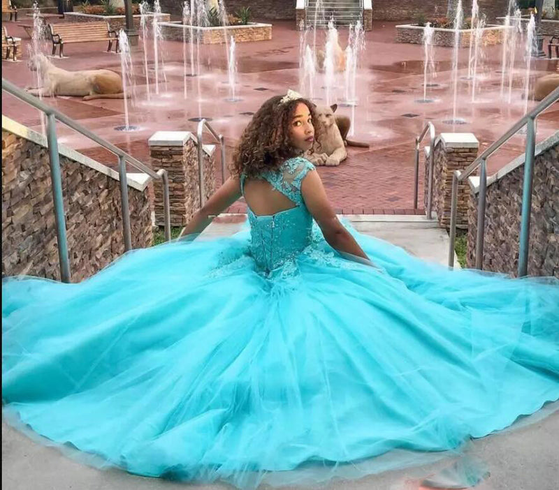 Cap Sleeves Turquoise Blue Quinceanera Dress Lace Ball Gown Cinderella Dress