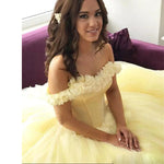 Gorgeous Yellow Quinceanera Dresses  Flowers Tulle Off The Shoulder Princess Sweet 16 Dress Masquerade Wedding Gown LP0520