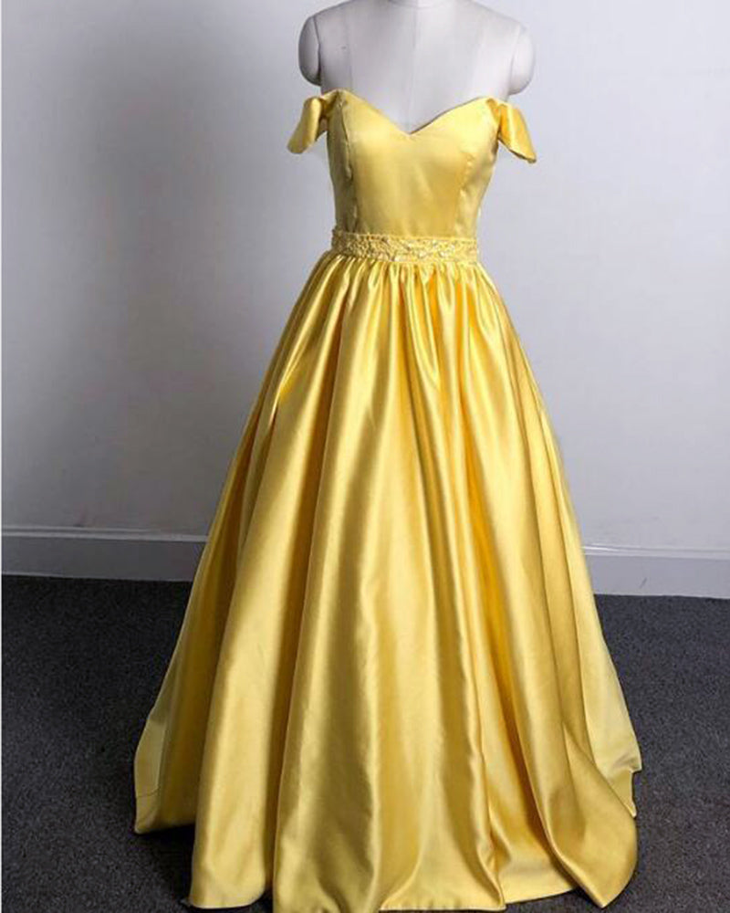 Siaoryne Bright Yellow Girls Senior Prom Dresses Long 2019 Off  Shoulder With Pocket PL3611