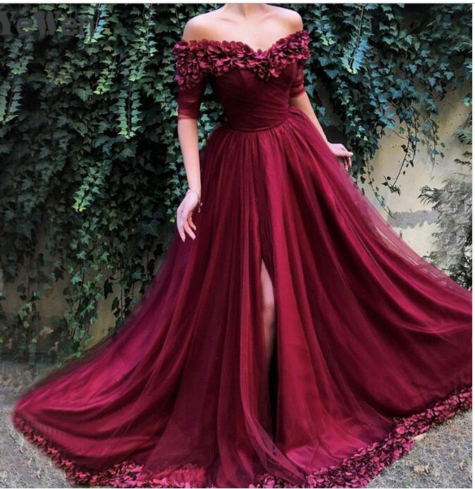 Long Off the Shoulder Red Tulle Dress Prom Party Gown with Slit PL844