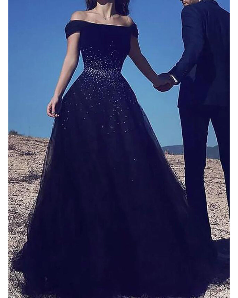Navy Blue Women Formal  Prom Dresses Long With Beading Off the Shoulder PL5549