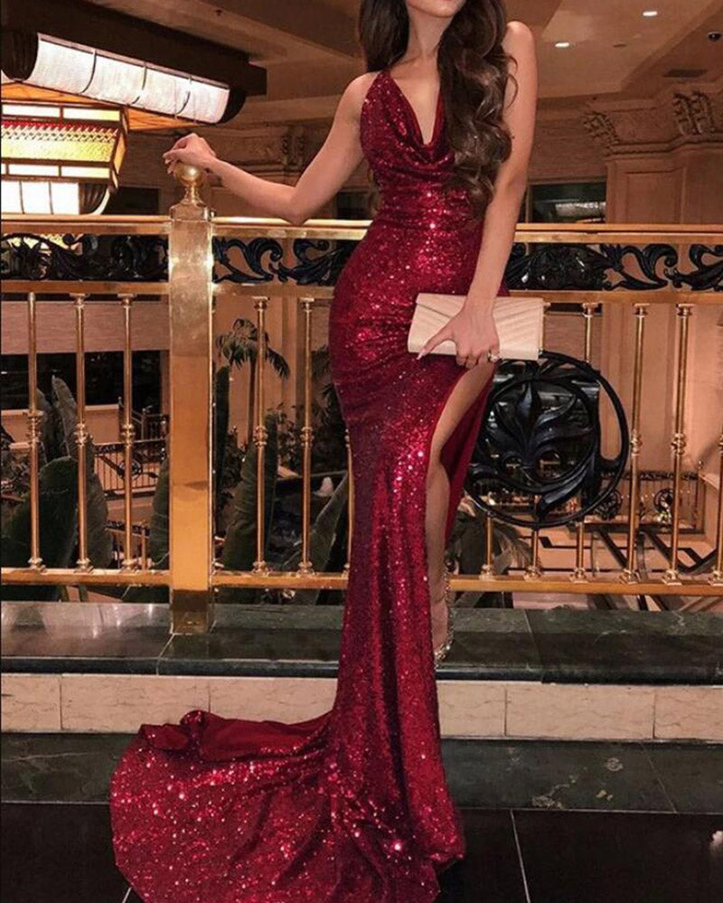 Sexy Mermaid Bling Bling Sequins Evening  Dresses Long with Split burgundy/Gold/Blue PL33650