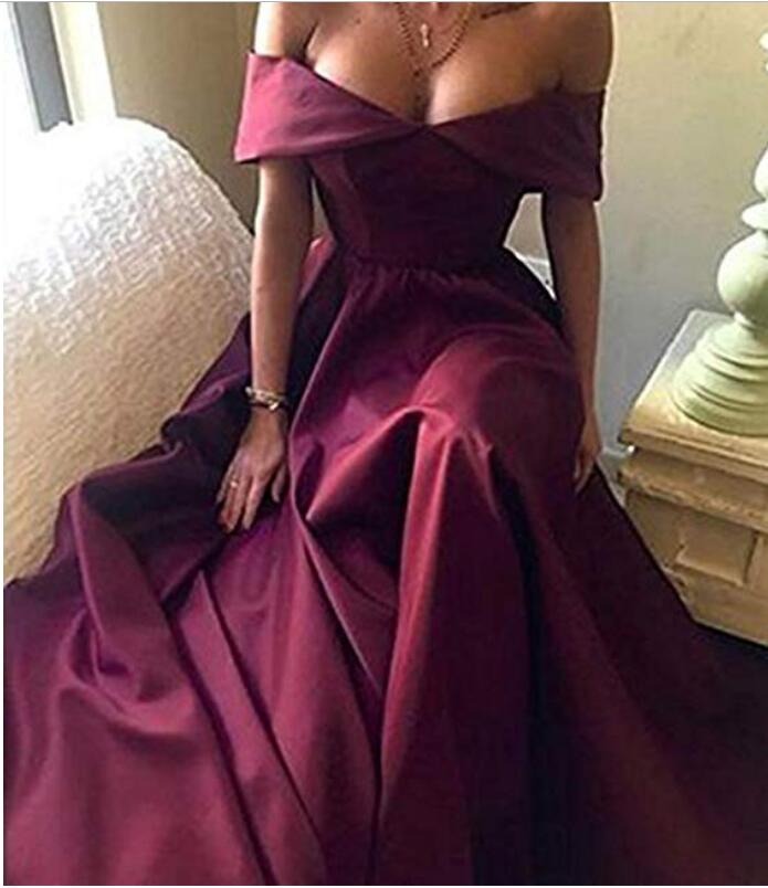 Elegant Off The Shoulder Black Satin Evening Dresses Long Women outfit 2019with Split PL5478