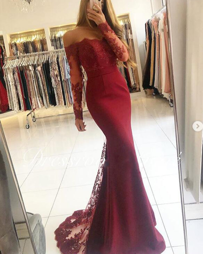 Burgundy/Blue Women Long Sleeves Lace MermaidEvening  Prom Dresses Long PL2145