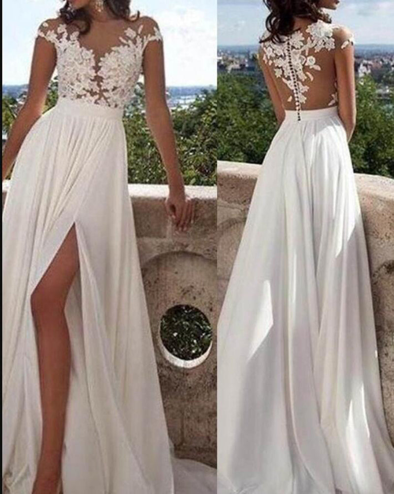 Elegante vestido de novia de gasa con encaje y mangas cortas color marfil con abertura sexy WD8888