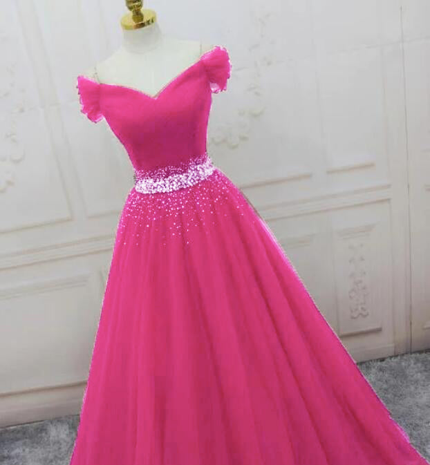 Burgundy / Bright Pink Off Shoulder Beaded Belt Long Tulle Ball Gown Prom Dresses