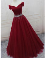 Burgundy / Bright Pink Off Shoulder Beaded Belt Long Tulle Ball Gown Prom Dresses