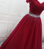 Burgundy / Bright Pink Off Shoulder Beaded Belt Long Tulle Ball Gown Prom Dresses